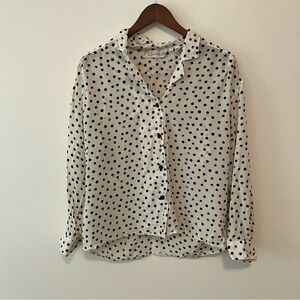 VTG 90s Chaus Blouse Women Sz 12 100% Silk Button Front Polka Dot White Black